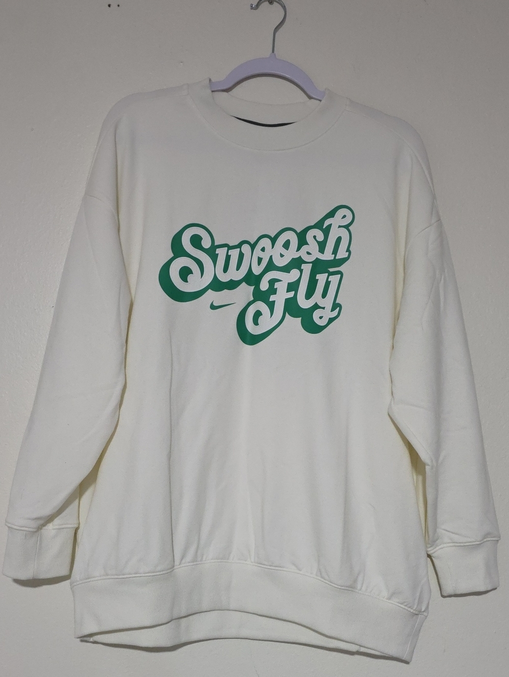 Nike White Crewneck Sweatshirt with Green "Swoosh Fly" Graphic